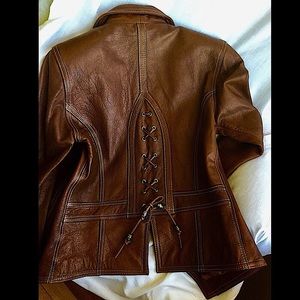 Vintage 90’s REM GARSON Leather Corset LACE UP Moto JACKET Chestnut Tan S=XS/S